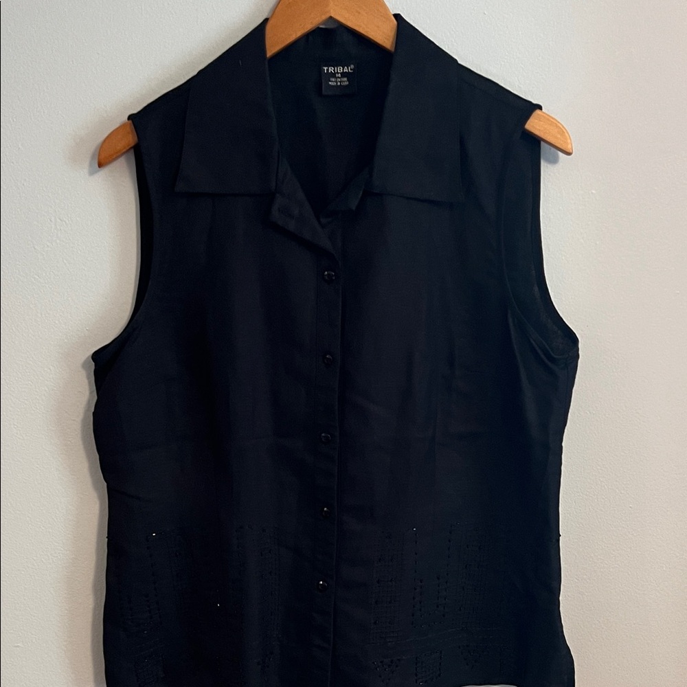 Tribal Black Sleeveless Button-Down Linen Blouse with Beads, 14
